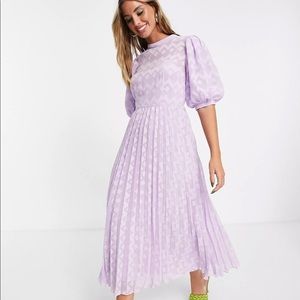 ASOS DESIGN lilac high-neck pleated textured midi dress with puffy sleeves (US2)